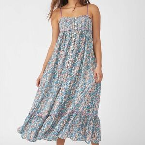 Free People Blue and Purple Ruched Tiered Midi Sundress